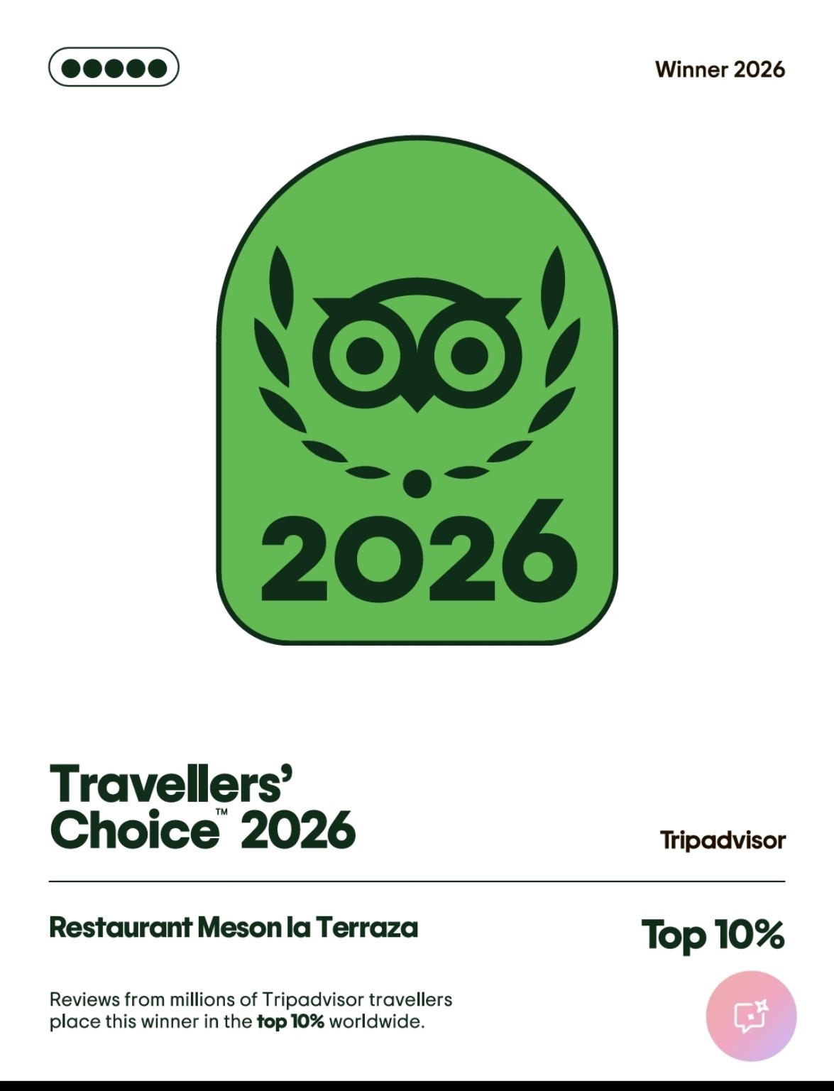 Tripadvisor Travellers' Choice Winner 2026 certificate for Restaurant Meson La Terraza, Top 10% worldwide